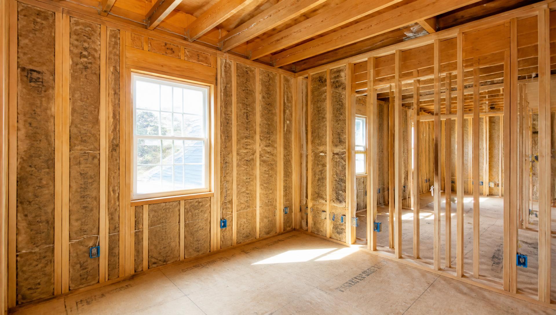 Framed interior walls with insulation installed during a renovation project